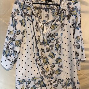 New Directions Blue and Yellow Floral Polka Dot Blouse
